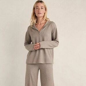 Relaxed Zip-Neck Hooded Top in Taupe